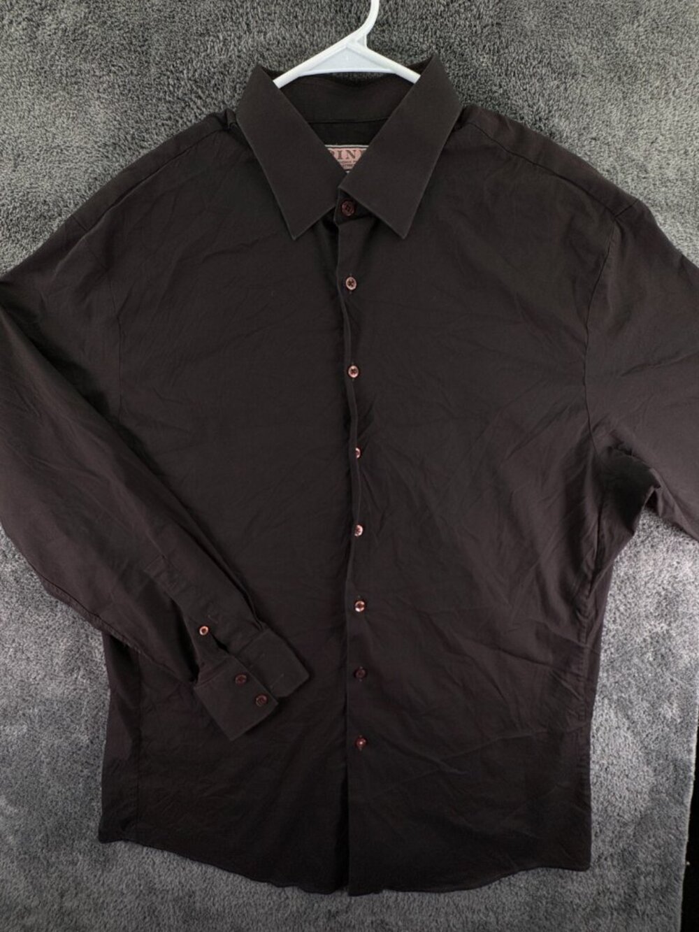 Thomas Pink Long Sleeve Button Up Shirt Men Brown Slim Fit Stretch Size 18 Adult